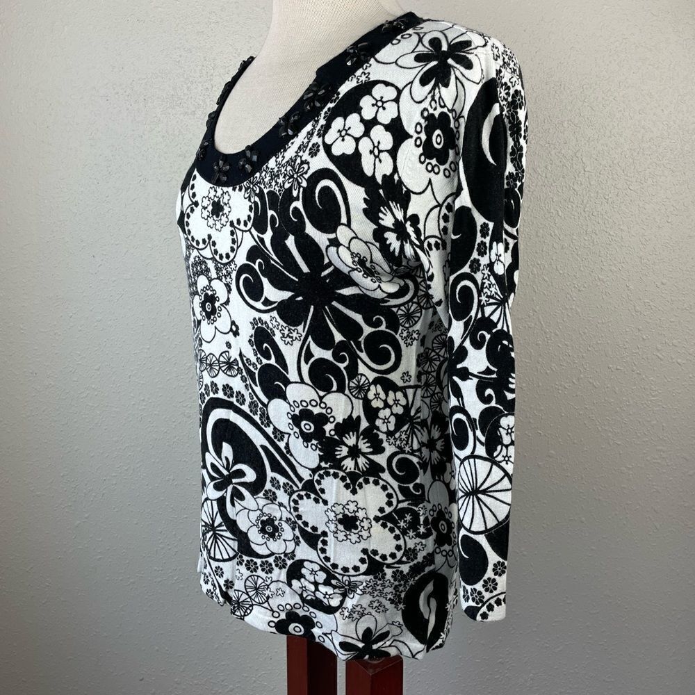 EUC Multiples Womens 3/4 Sleeve Foral Black and White Top Size M - Picture 5 of 7